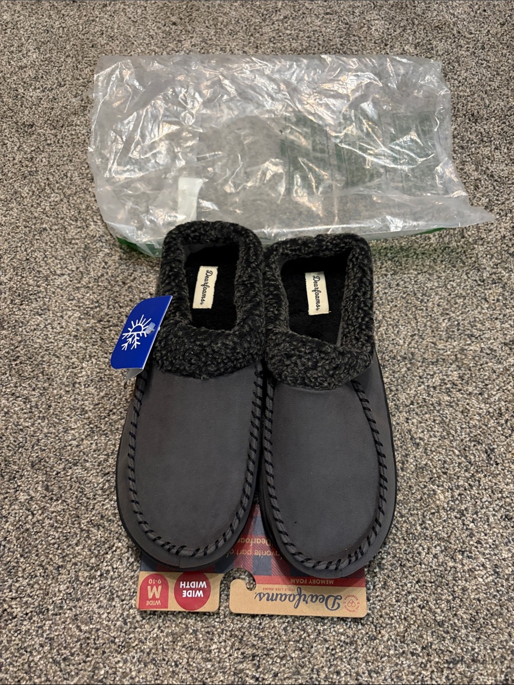 dearfoams Black Men's Slip-On Charcoal Wide Width Moccasin Slippers Size 9-10
